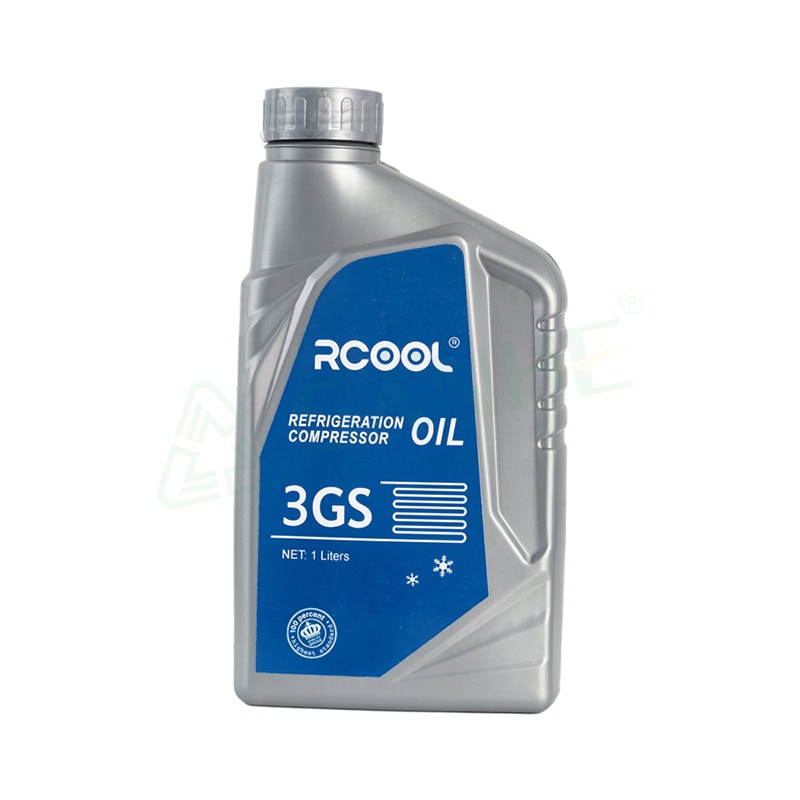Refrigerant oil 3GS in a gray plastic bottle with blue label, used for refrigeration compressors and HVAC systems.